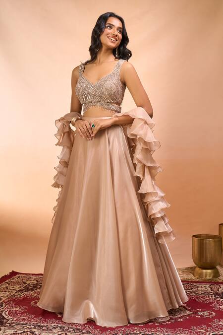 Shop_Alaya Advani_Beige Satin, Organza, Net Beads, Embroidery, Ruffles Lehenga Set Eith Dupatta _Online_at_Aza_Fashions