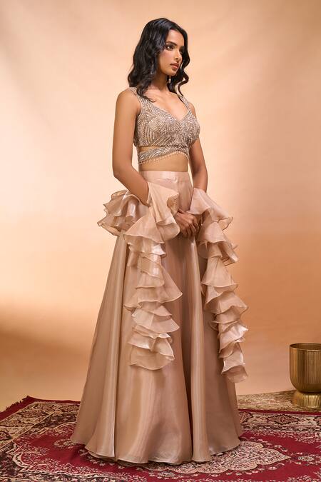 Shop_Alaya Advani_Beige Satin, Organza, Net Beads, Embroidery, Ruffles Lehenga Set Eith Dupatta 