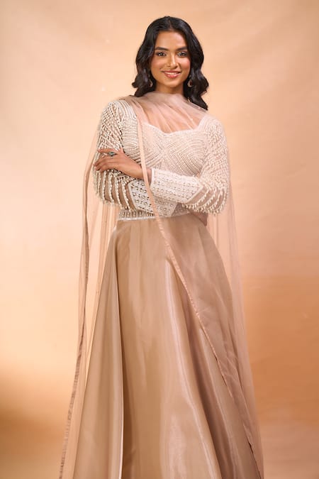 Alaya Advani Beige Satin, Organza, Net Beads, Embroidery Leaf Neck Hand Blouse Lehenga Set Online at Aza Fashions Alaya Advani_Beige Satin, Organza, Net Beads, Embroidery Leaf Neck Hand Blouse Lehenga Set _Online_at_Aza_Fashions