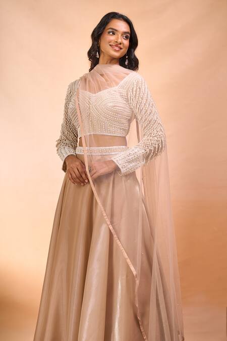 Buy Alaya Advani Beige Satin, Organza, Net Beads, Embroidery Leaf Neck Hand Blouse Lehenga Set Online at Aza Fashions Buy_Alaya Advani_Beige Satin, Organza, Net Beads, Embroidery Leaf Neck Hand Blouse Lehenga Set _Online_at_Aza_Fashions
