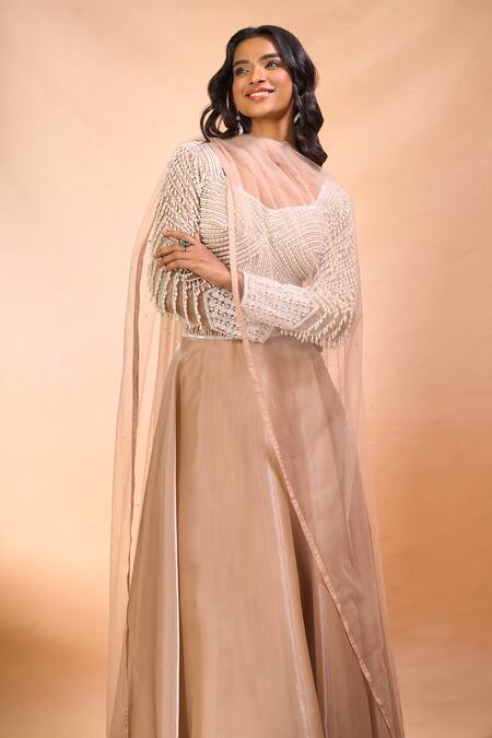 Shop Alaya Advani Beige Satin, Organza, Net Beads, Embroidery Leaf Neck Hand Blouse Lehenga Set Online at Aza Fashions Shop_Alaya Advani_Beige Satin, Organza, Net Beads, Embroidery Leaf Neck Hand Blouse Lehenga Set _Online_at_Aza_Fashions