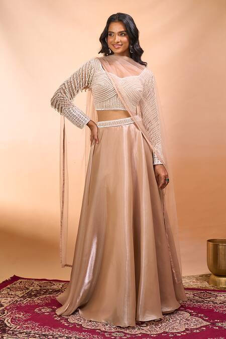 Buy Alaya Advani Beige Satin, Organza, Net Beads, Embroidery Leaf Neck Hand Blouse Lehenga Set Buy_Alaya Advani_Beige Satin, Organza, Net Beads, Embroidery Leaf Neck Hand Blouse Lehenga Set