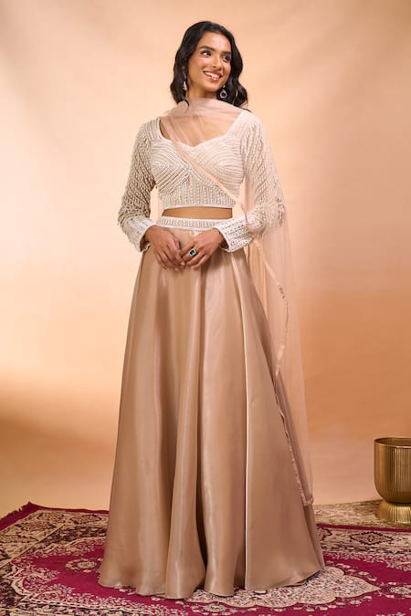 Shop Alaya Advani Beige Satin, Organza, Net Beads, Embroidery Leaf Neck Hand Blouse Lehenga Set Shop_Alaya Advani_Beige Satin, Organza, Net Beads, Embroidery Leaf Neck Hand Blouse Lehenga Set