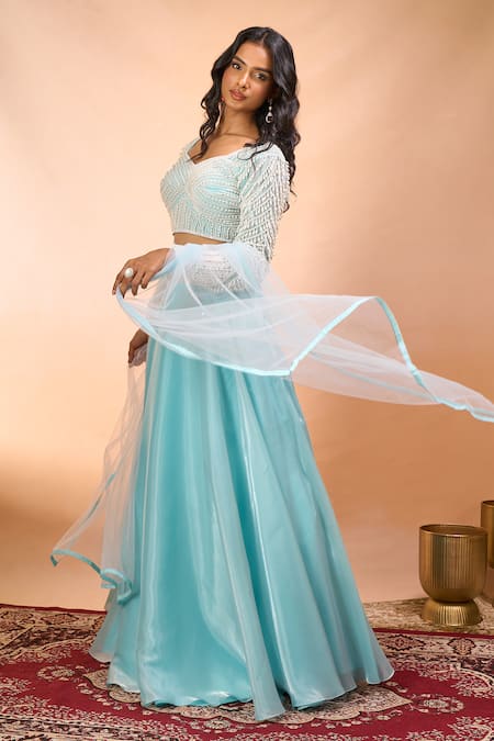 Alaya Advani_Blue Satin, Organza, Net Beads, Embroidery V-neck, Leaf Hand Blouse Lehenga Set _Online_at_Aza_Fashions