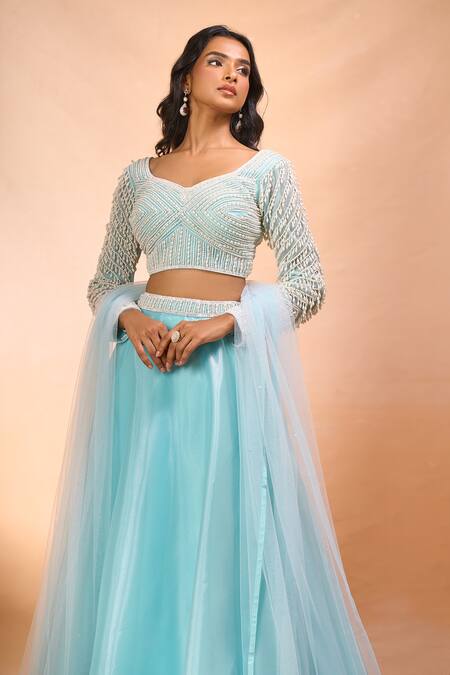 Buy_Alaya Advani_Blue Satin, Organza, Net Beads, Embroidery V-neck, Leaf Hand Blouse Lehenga Set _Online_at_Aza_Fashions