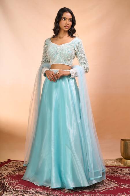 Shop_Alaya Advani_Blue Satin, Organza, Net Beads, Embroidery V-neck, Leaf Hand Blouse Lehenga Set _Online_at_Aza_Fashions