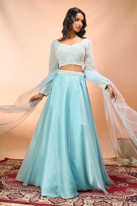 Alaya Advani_Blue Satin, Organza, Net Beads, Embroidery V-neck, Leaf Hand Blouse Lehenga Set _at_Aza_Fashions