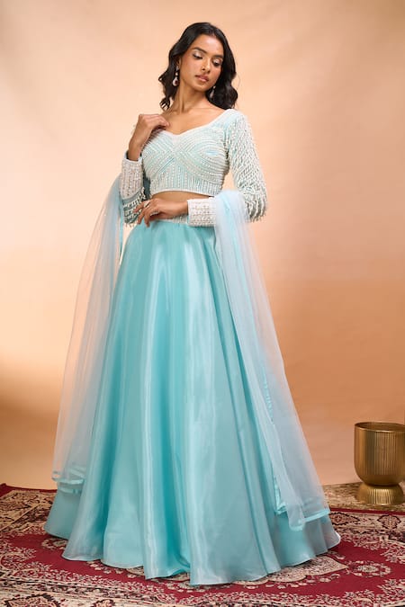 Shop_Alaya Advani_Blue Satin, Organza, Net Beads, Embroidery V-neck, Leaf Hand Blouse Lehenga Set 