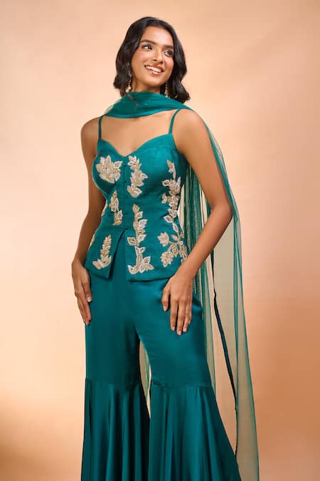 Alaya Advani_Green Modal, Satin Embroidery Sweetheart Neck Hand Top Sharara Set _Online_at_Aza_Fashions