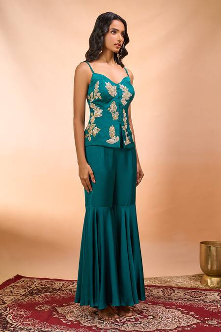 Alaya Advani_Green Modal, Satin Embroidery Sweetheart Neck Hand Top Sharara Set _at_Aza_Fashions