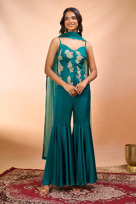 Buy_Alaya Advani_Green Modal, Satin Embroidery Sweetheart Neck Hand Top Sharara Set 