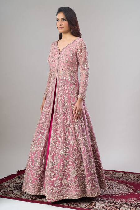 Buy Alaya Advani Pink Net, Silk Embroidery, Zari V-neck Floral Hand Anarkali Lehenga Set Online at Aza Fashions Buy_Alaya Advani_Pink Net, Silk Embroidery, Zari V-neck Floral Hand Anarkali Lehenga Set _Online_at_Aza_Fashions