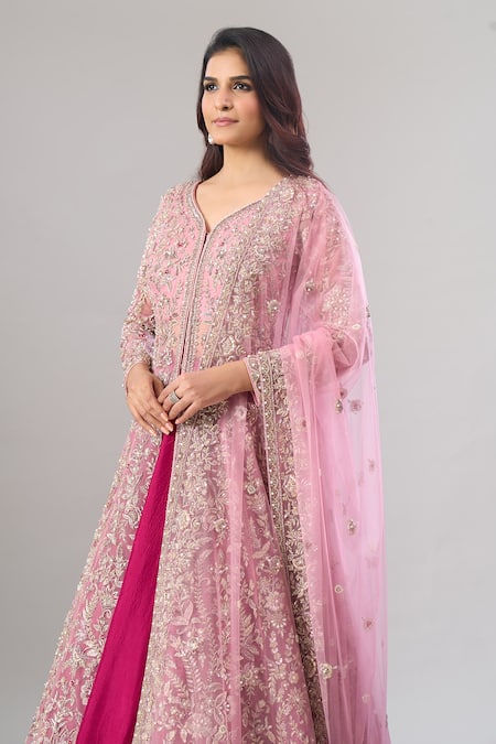 Alaya Advani Pink Net, Silk Embroidery, Zari V-neck Floral Hand Anarkali Lehenga Set at Aza Fashions Alaya Advani_Pink Net, Silk Embroidery, Zari V-neck Floral Hand Anarkali Lehenga Set _at_Aza_Fashions