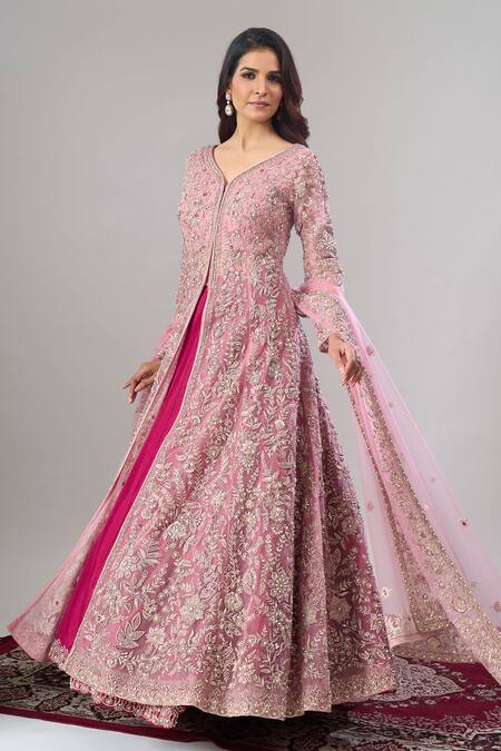 Buy Alaya Advani Pink Net, Silk Embroidery, Zari V-neck Floral Hand Anarkali Lehenga Set Buy_Alaya Advani_Pink Net, Silk Embroidery, Zari V-neck Floral Hand Anarkali Lehenga Set