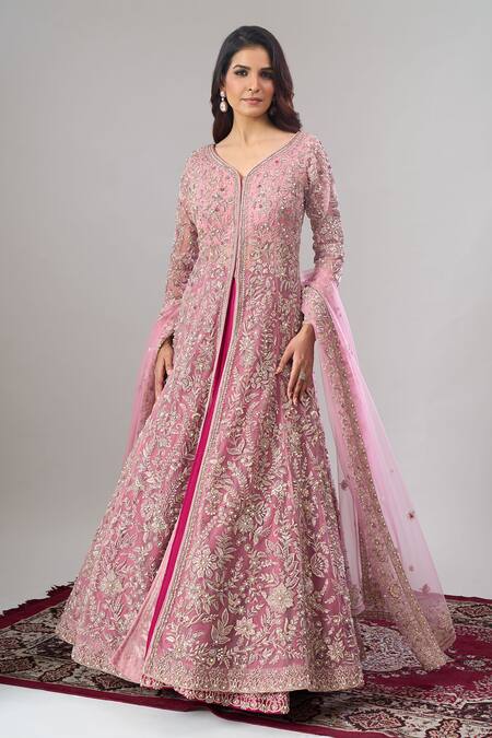 Shop Alaya Advani Pink Net, Silk Embroidery, Zari V-neck Floral Hand Anarkali Lehenga Set Shop_Alaya Advani_Pink Net, Silk Embroidery, Zari V-neck Floral Hand Anarkali Lehenga Set