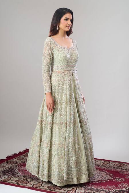 Buy Alaya Advani Green Net, Silk Embroidery, Sequins Scoop Neck Hand Anarkali Lehenga Set Online at Aza Fashions Buy_Alaya Advani_Green Net, Silk Embroidery, Sequins Scoop Neck Hand Anarkali Lehenga Set _Online_at_Aza_Fashions