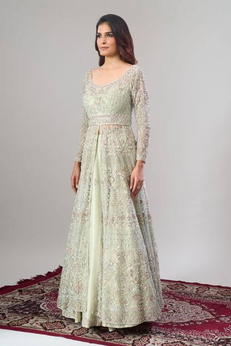 Shop Alaya Advani Green Net, Silk Embroidery, Sequins Scoop Neck Hand Anarkali Lehenga Set Online at Aza Fashions Shop_Alaya Advani_Green Net, Silk Embroidery, Sequins Scoop Neck Hand Anarkali Lehenga Set _Online_at_Aza_Fashions
