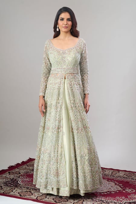 Alaya Advani Green Net, Silk Embroidery, Sequins Scoop Neck Hand Anarkali Lehenga Set at Aza Fashions Alaya Advani_Green Net, Silk Embroidery, Sequins Scoop Neck Hand Anarkali Lehenga Set _at_Aza_Fashions