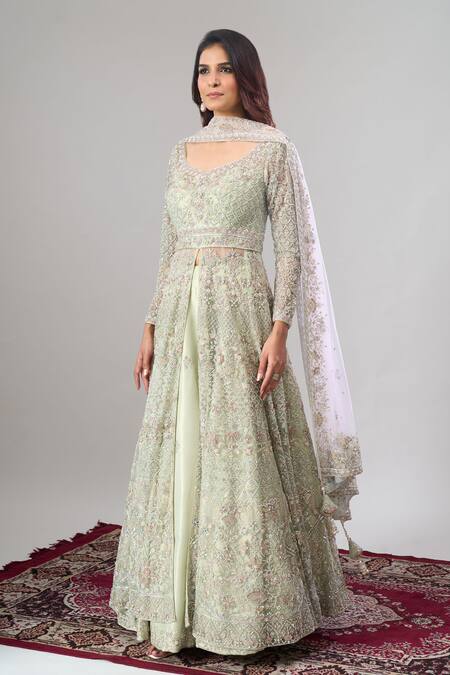 Buy Alaya Advani Green Net, Silk Embroidery, Sequins Scoop Neck Hand Anarkali Lehenga Set Buy_Alaya Advani_Green Net, Silk Embroidery, Sequins Scoop Neck Hand Anarkali Lehenga Set