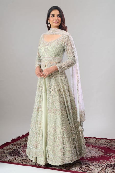 Shop Alaya Advani Green Net, Silk Embroidery, Sequins Scoop Neck Hand Anarkali Lehenga Set Shop_Alaya Advani_Green Net, Silk Embroidery, Sequins Scoop Neck Hand Anarkali Lehenga Set