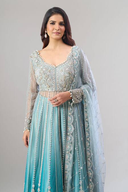Buy_Alaya Advani_Blue Net, Silk Embroidery, Zari, Sequins, Beads Hand Anarkali Lehenga Set _Online_at_Aza_Fashions