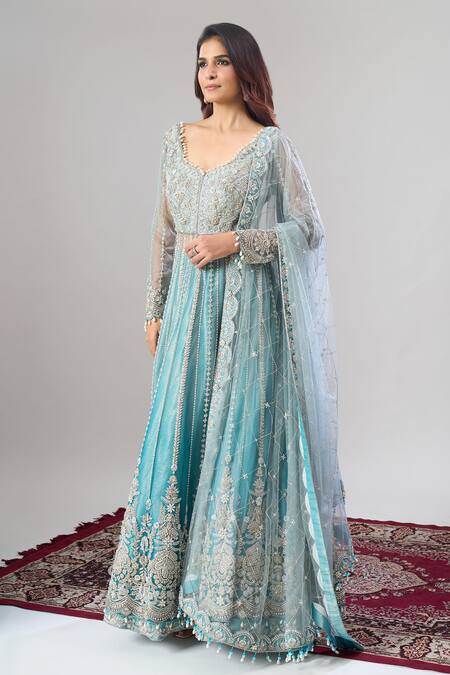 Alaya Advani_Blue Net, Silk Embroidery, Zari, Sequins, Beads Hand Anarkali Lehenga Set _at_Aza_Fashions