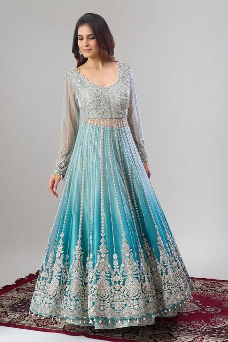 Buy_Alaya Advani_Blue Net, Silk Embroidery, Zari, Sequins, Beads Hand Anarkali Lehenga Set 