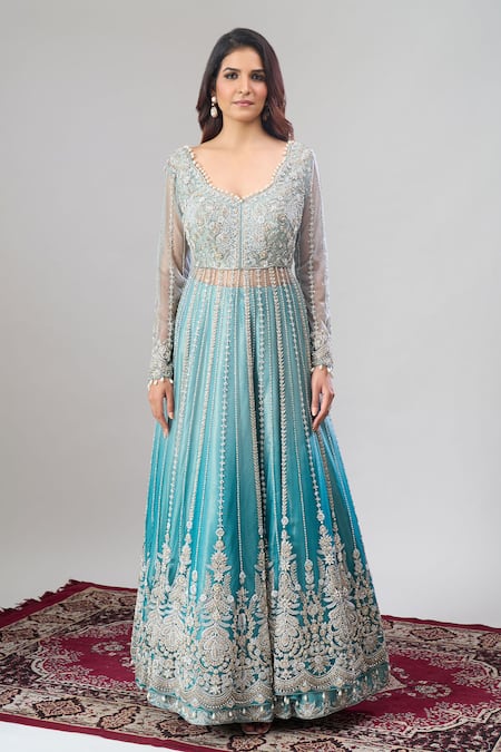 Shop_Alaya Advani_Blue Net, Silk Embroidery, Zari, Sequins, Beads Hand Anarkali Lehenga Set 
