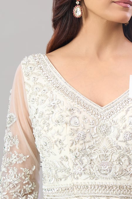 Alaya Advani_White Net, Silk Embroidery, Sequins, Tassels Floral Hand Anarkali Lehenga Set _Online_at_Aza_Fashions