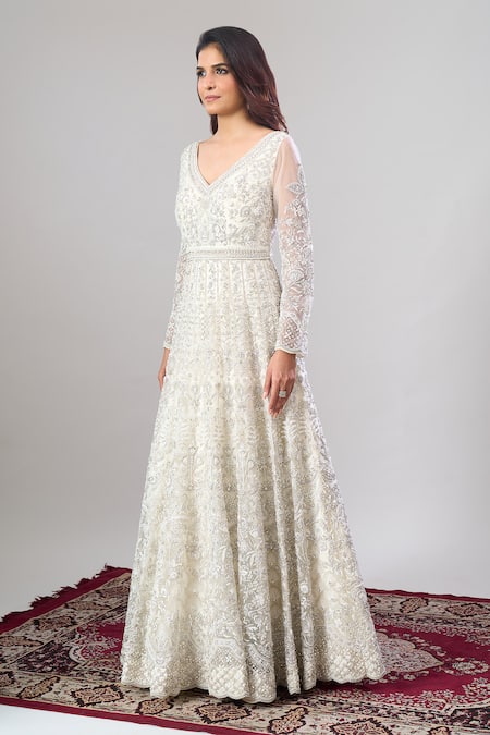 Buy_Alaya Advani_White Net, Silk Embroidery, Sequins, Tassels Floral Hand Anarkali Lehenga Set _Online_at_Aza_Fashions