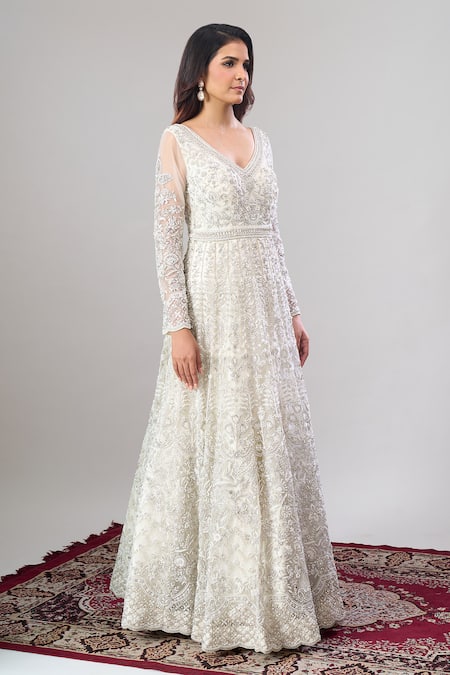 Shop_Alaya Advani_White Net, Silk Embroidery, Sequins, Tassels Floral Hand Anarkali Lehenga Set _Online_at_Aza_Fashions