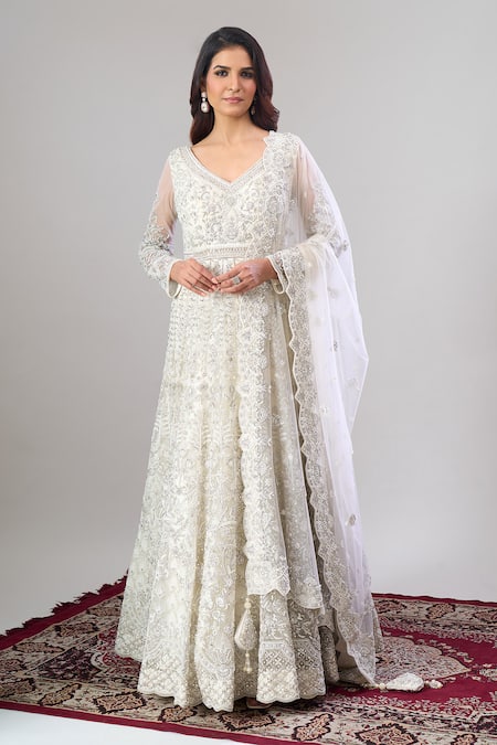 Alaya Advani_White Net, Silk Embroidery, Sequins, Tassels Floral Hand Anarkali Lehenga Set _at_Aza_Fashions