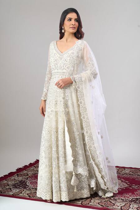 Buy_Alaya Advani_White Net, Silk Embroidery, Sequins, Tassels Floral Hand Anarkali Lehenga Set 