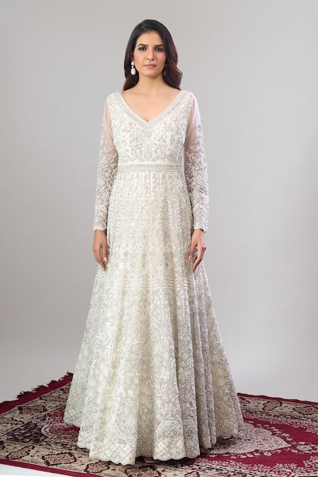 Shop_Alaya Advani_White Net, Silk Embroidery, Sequins, Tassels Floral Hand Anarkali Lehenga Set 
