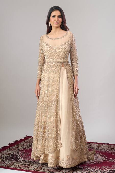 Alaya Advani Beige Net, Silk Embroidery, Zari, Sequins Round Hand Slit Anarkali Lehenga Set Online at Aza Fashions Alaya Advani_Beige Net, Silk Embroidery, Zari, Sequins Round Hand Slit Anarkali Lehenga Set _Online_at_Aza_Fashions