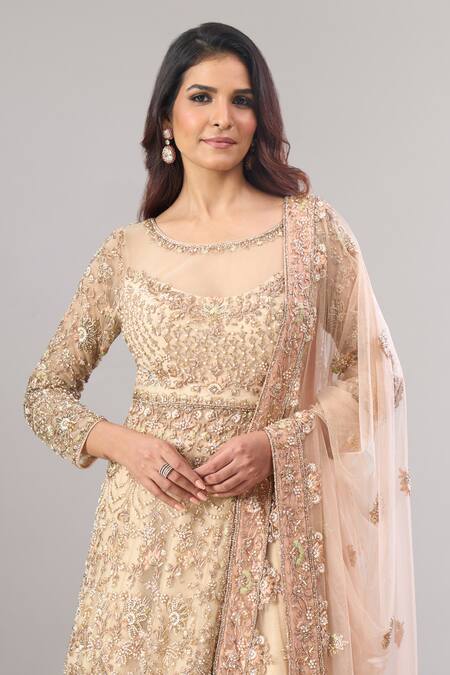 Buy Alaya Advani Beige Net, Silk Embroidery, Zari, Sequins Round Hand Slit Anarkali Lehenga Set Online at Aza Fashions Buy_Alaya Advani_Beige Net, Silk Embroidery, Zari, Sequins Round Hand Slit Anarkali Lehenga Set _Online_at_Aza_Fashions