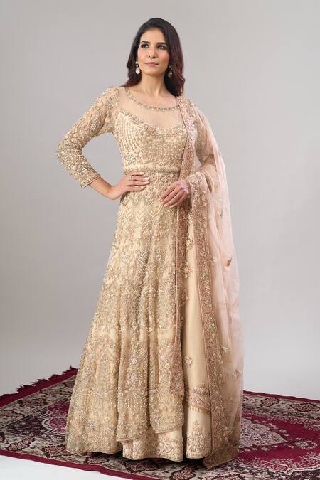 Shop Alaya Advani Beige Net, Silk Embroidery, Zari, Sequins Round Hand Slit Anarkali Lehenga Set Online at Aza Fashions Shop_Alaya Advani_Beige Net, Silk Embroidery, Zari, Sequins Round Hand Slit Anarkali Lehenga Set _Online_at_Aza_Fashions