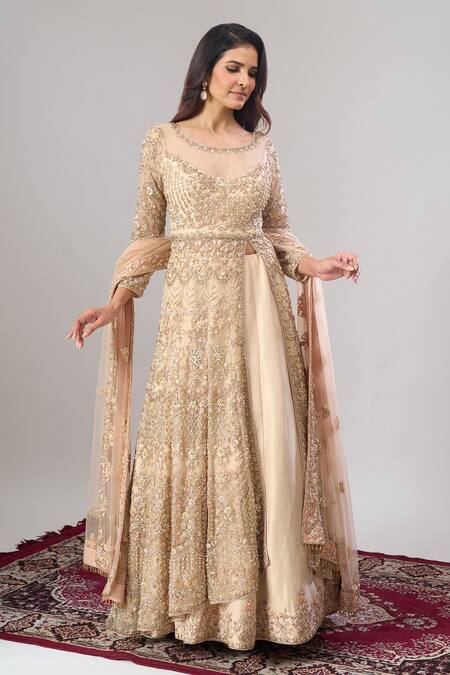 Buy Alaya Advani Beige Net, Silk Embroidery, Zari, Sequins Round Hand Slit Anarkali Lehenga Set Buy_Alaya Advani_Beige Net, Silk Embroidery, Zari, Sequins Round Hand Slit Anarkali Lehenga Set
