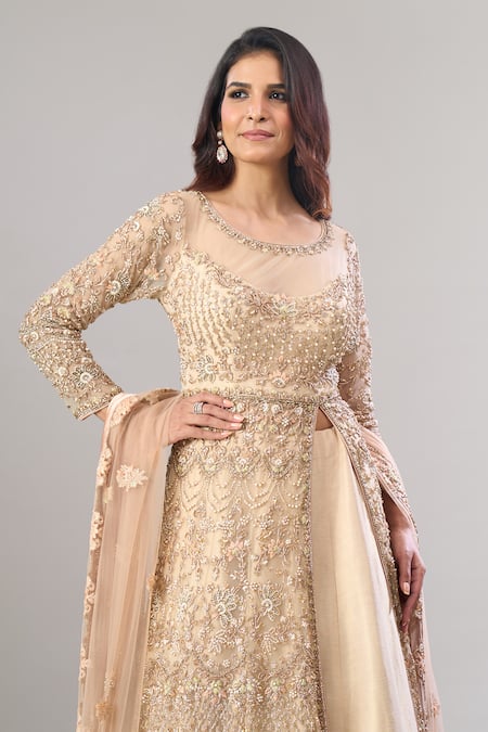 Shop Alaya Advani Beige Net, Silk Embroidery, Zari, Sequins Round Hand Slit Anarkali Lehenga Set Shop_Alaya Advani_Beige Net, Silk Embroidery, Zari, Sequins Round Hand Slit Anarkali Lehenga Set