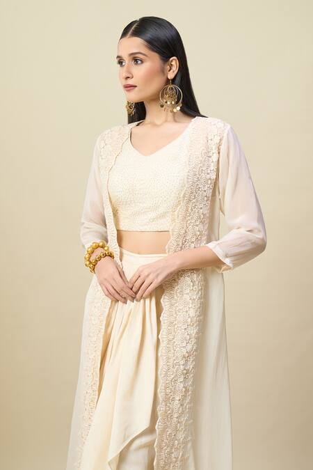Buy_Alaya Advani_Off White Georgette Embroidery Open Neck, Cape And Draped Skirt Set _Online_at_Aza_Fashions