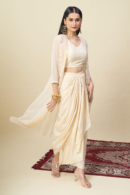 Alaya Advani_Off White Georgette Embroidery Open Neck, Cape And Draped Skirt Set _at_Aza_Fashions