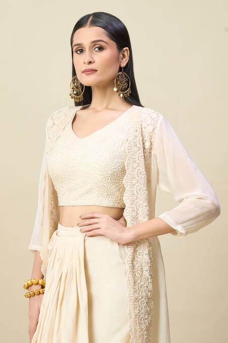 Buy_Alaya Advani_Off White Georgette Embroidery Open Neck, Cape And Draped Skirt Set 