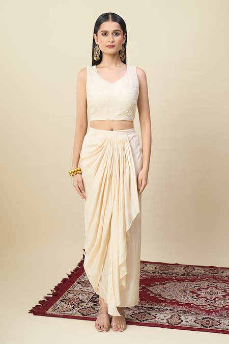 Shop_Alaya Advani_Off White Georgette Embroidery Open Neck, Cape And Draped Skirt Set 