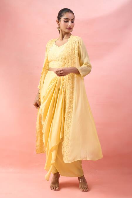 Alaya Advani Yellow Georgette Embroidery V-neck Floral Cape And Draped Skirt Set Online at Aza Fashions Alaya Advani_Yellow Georgette Embroidery V-neck Floral Cape And Draped Skirt Set _Online_at_Aza_Fashions