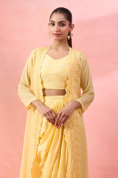 Buy Alaya Advani Yellow Georgette Embroidery V-neck Floral Cape And Draped Skirt Set Online at Aza Fashions Buy_Alaya Advani_Yellow Georgette Embroidery V-neck Floral Cape And Draped Skirt Set _Online_at_Aza_Fashions