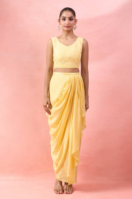 Buy Alaya Advani Yellow Georgette Embroidery V-neck Floral Cape And Draped Skirt Set Buy_Alaya Advani_Yellow Georgette Embroidery V-neck Floral Cape And Draped Skirt Set