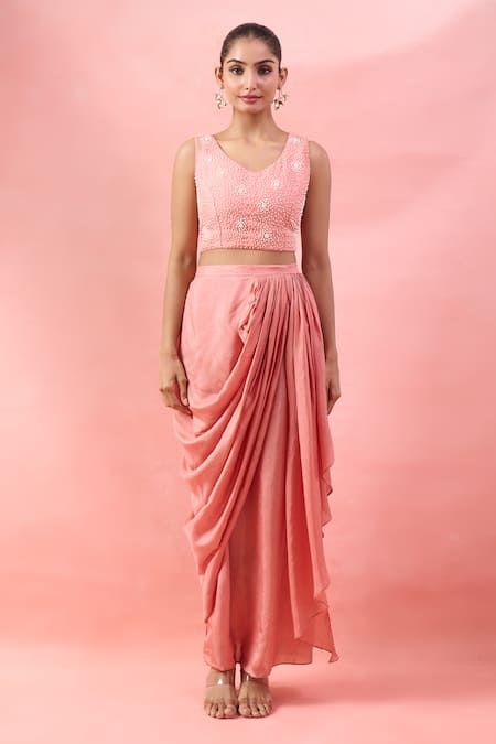 Alaya Advani_Peach Georgette Beads, Sequins, Embroidery Open Floral Cape And Draped Skirt Set _Online_at_Aza_Fashions