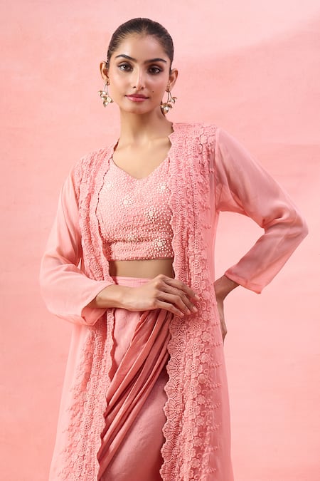 Shop_Alaya Advani_Peach Georgette Beads, Sequins, Embroidery Open Floral Cape And Draped Skirt Set _Online_at_Aza_Fashions