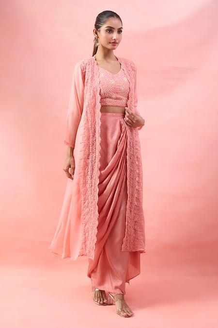 Buy_Alaya Advani_Peach Georgette Beads, Sequins, Embroidery Open Floral Cape And Draped Skirt Set 