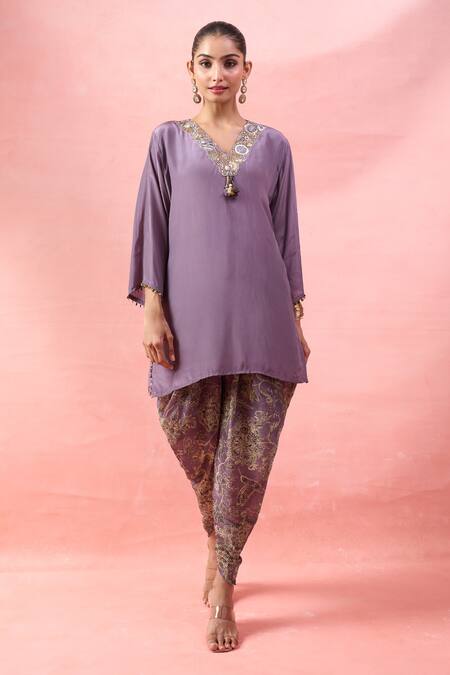 Shop Alaya Advani Purple Crepe Embroidery, Tassels, Foil Printing Kurta And Floral Dhoti Pant Online at Aza Fashions Shop_Alaya Advani_Purple Crepe Embroidery, Tassels, Foil Printing Kurta And Floral Dhoti Pant _Online_at_Aza_Fashions